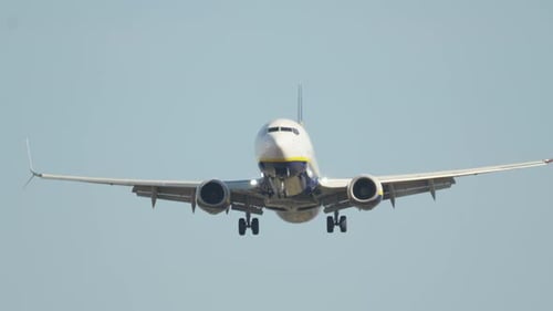 Passenger airplane landing at airport runway during clear weather afternoon