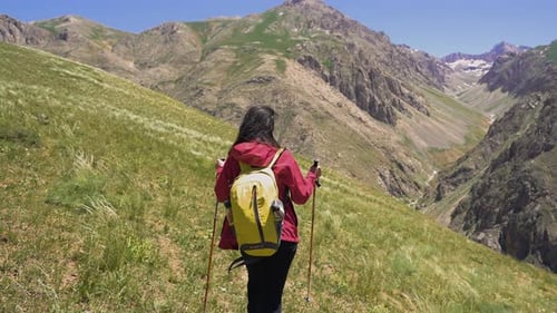 Female Hiker With Backpack in Mountain Landscape