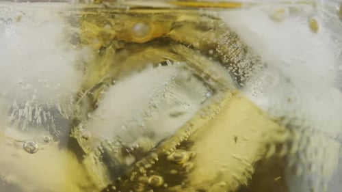Shot of hand pouring whiskey into a glass with ice close-up. Alcoholic drink concept. selective focu