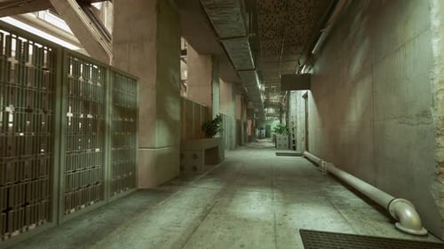 Derelict Corridor Scene Deserted Passageway Featuring Lockers and Pipes
