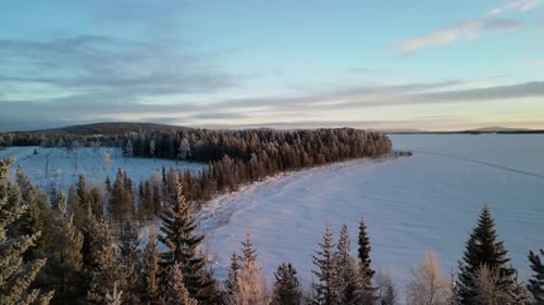 Aerial view of winter landscapes with snow-covered forest in Finland
