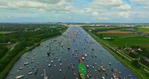 Aerial View of Sail Amsterdam 2025 Sailing Parade in Amsterdam in August 2025 Many Ships and Boats