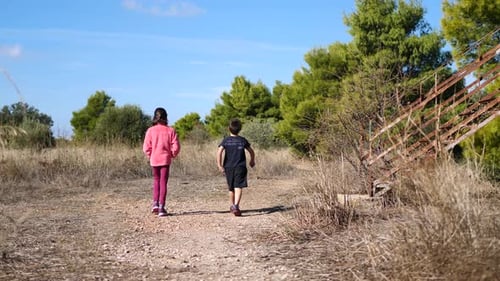 Brother and sister walking together on a dangerous path in the forest. Slow-motion gimbal shot.