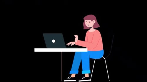 Businesswoman Sitting At Desk Working On Laptop Cartoon Animation On Alpha Channel