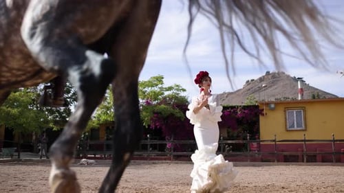 Spanish Flamenco Dancer Performing with a Horse in an Arena