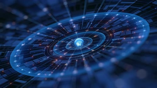 Ein dynamischer futuristischer digitaler Hintergrund zeigt miteinander verbundene Linien und leuchtende Punkte