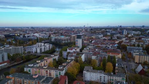 Berlin cityscape with Spree river, Tv Tower. Fantastic aerial view flight drone