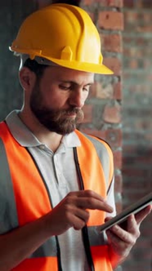 Construction site, man and architect with tablet for typing, safety compliance