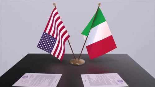 Italy and USA at the negotiating table, a diplomatic deal. Business and politics animation