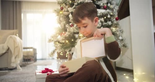 Excited Boy Opens Christmas Gift by Glowing Tree