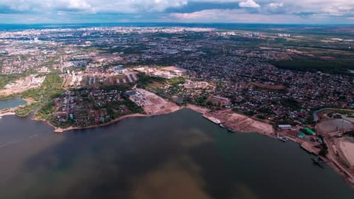 Aerial Panorama of Riverside Sand Washing Plant and Field