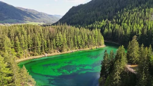 Aerial view of Green Lake surrounded by forest, Austria.