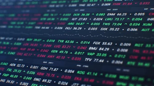 Stock market ticker displaying real time global stock exchange data in motion