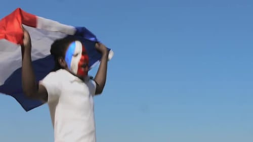 Enthusiastic Man Waving French Flag on Clear Day