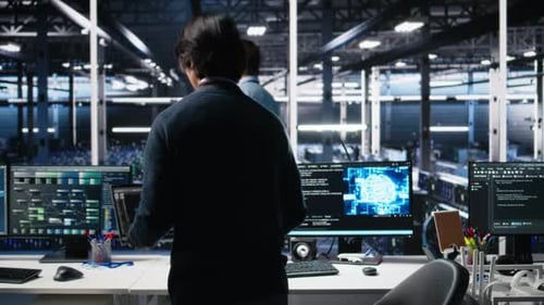 Technician Arriving in Data Center Office Coding with Generative AI