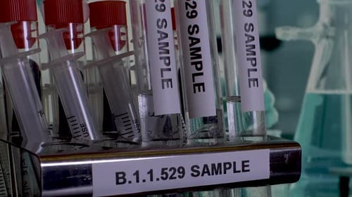 Captura inclinada y de primer plano de los tubos de ensayo de muestra que se están sacando de una estantería de laboratorio, etiquetados con el nuevo