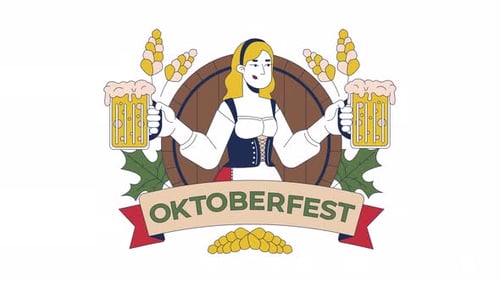 Octoberfest logo with smiling waitress holding beer mugs 2D animation