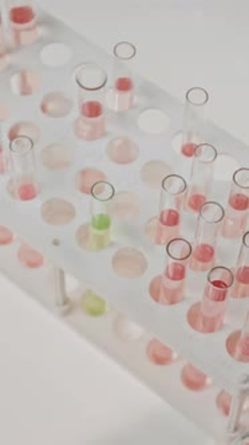 Close-up of Unrecognizable Scientist Manipulating Rows of Test Tubes in Lab