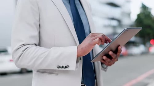 Business man, hands and tablet in city for planning online report, reading news app