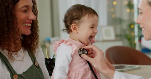 Healthcare, clinic and doctor with mom and baby using stethoscope in appointment, check up and exam