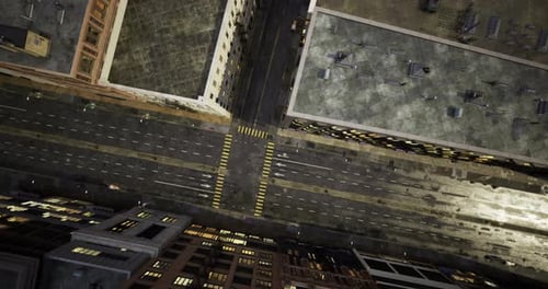 Busy Urban Intersection Viewed From Above During Evening Hours