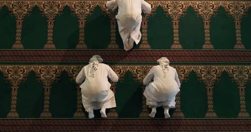 People, praying and prostration in mosque for religion, top view and worship in islam for gratitude