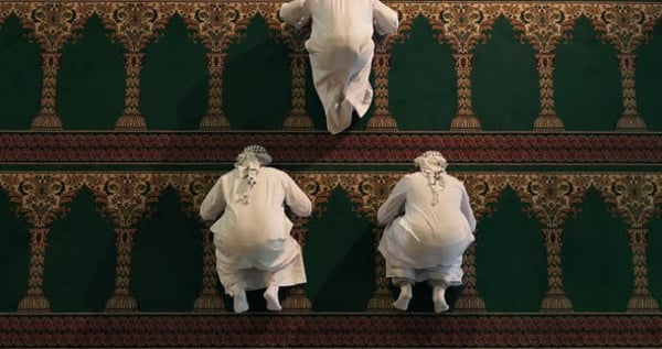 People, praying and prostration in mosque for religion, top view and ...