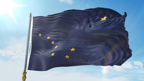 Alaska State Flag Waving in Realistic Blue Sky with Sun