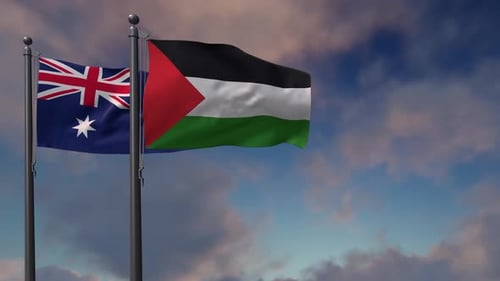Australia and Palestine Flags Waving in Wind Against Cloudy Sky