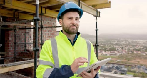 Architect, scroll and happy man with tablet on building site, info and plan for property