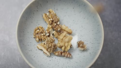Healthy Organic Walnuts, Marco Close Up. Healthy Vegetarian Vegan Raw Nuts, Slo Motion Of Walnuts Fa