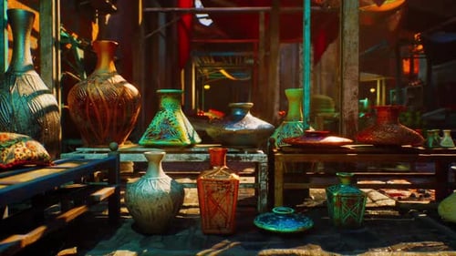 Animated Bazaar Walk-Through with Shimmering Ornate Vases