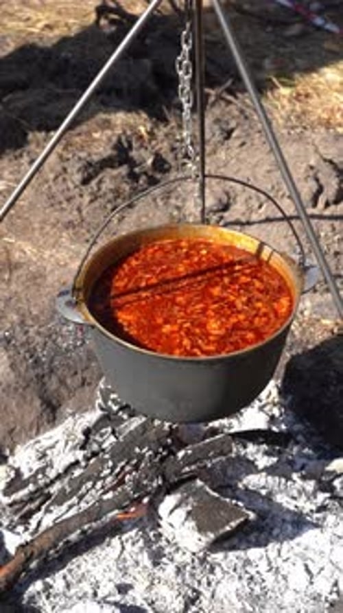 Cuisiner des aliments au feu, chaudron, soupe, camp en plein air
