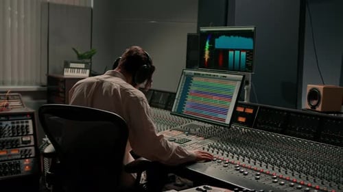 Energetic audio engineer producer working in recording studio mixing tracks on console and hit maker