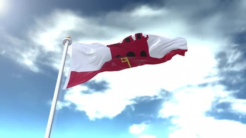 Gibraltar Flag Waving in Realistic Cloudy Sky Animation