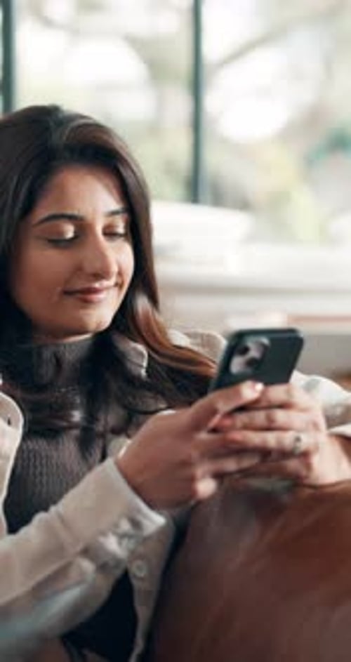 Thinking, home and woman with smartphone, typing and communication with online dating