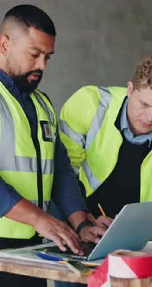Man, laptop and team with planning at construction site with writing for real estate development