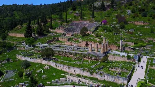 The Ancient Theater of Delphi in Greece with a Drone Dolly In Shot.