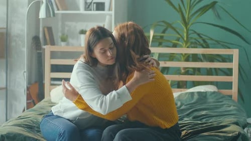 Depressed Red Haired Teenage Girl Emotionally Crying on Couch Friendly Support