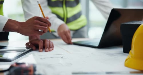 Hands, architect and blueprint with laptop in office, drawing and paper for construction at company