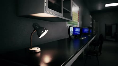 Flickering Desk Lamp in a Dark Science Lab