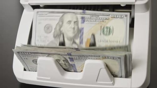 Hundred Dollar Bills Moving Through Counting Machine Dollars Counting Processing Dollar Banknotes
