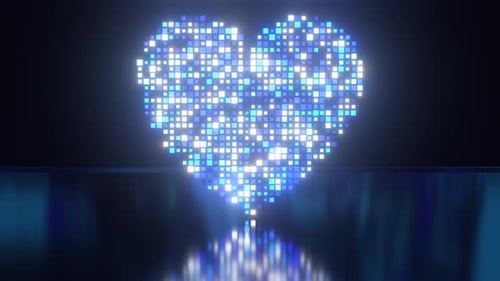 Digital Heart Made Of Square Pixels Flashing Blue White Neon Colors - 4K