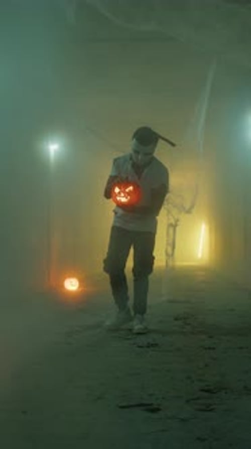 Spooky Masked Figure Holding Jack-O'-Lantern