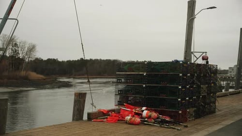 Bouys and Lobster Traps and seagulls flying, 4k video. fishing wharf marine.