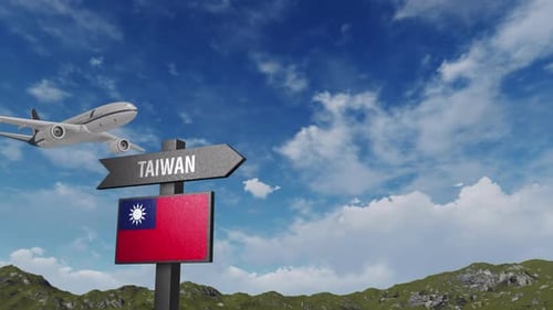 Airplane Flying Over Taiwan Destination Sign with Flag