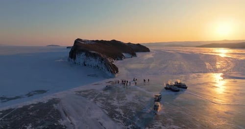 Ogoy island in winter Baikal lake, Siberia, Russia. Aerial view.