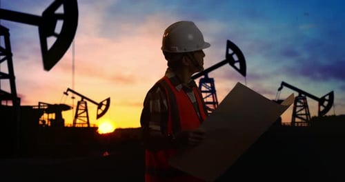 Seitenansicht eines asiatischen männlichen Ingenieurs, der vor den Ölpumpen steht, den Bauplan betrachtet