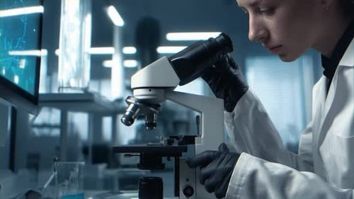 Young Woman Researching with Microscope in Laboratory