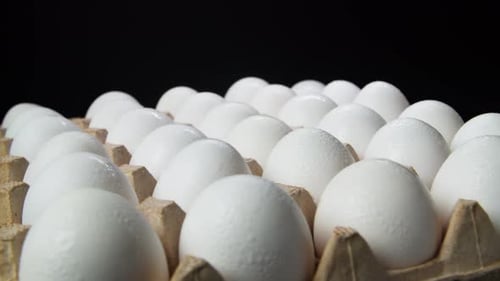 Close Up Dolly of White Eggs in Tray